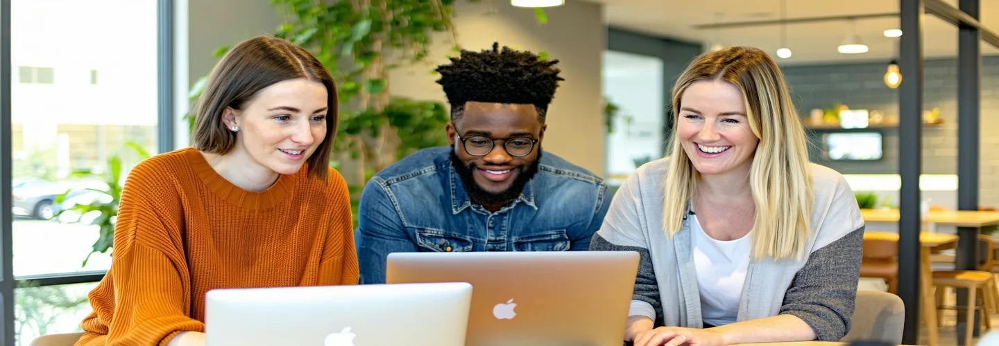 Small engineering team gathered around a laptop discussing code in a modern Auckland workspace